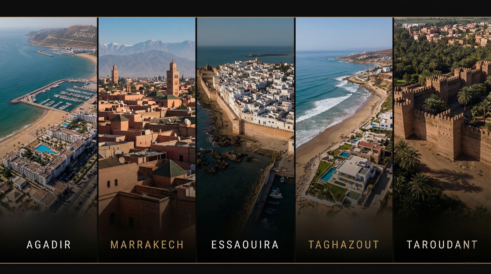 Our operating territory across Morocco — Agadir, Marrakech, Essaouira, Taghazout, Taroudant